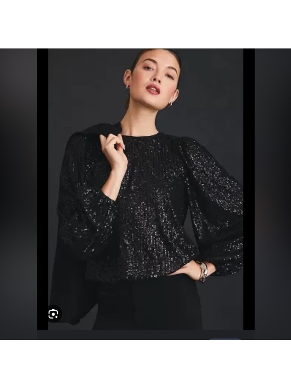 Anthropologie Flat White Black Sequin Puff-Sleeve Long-Sleeve Tee